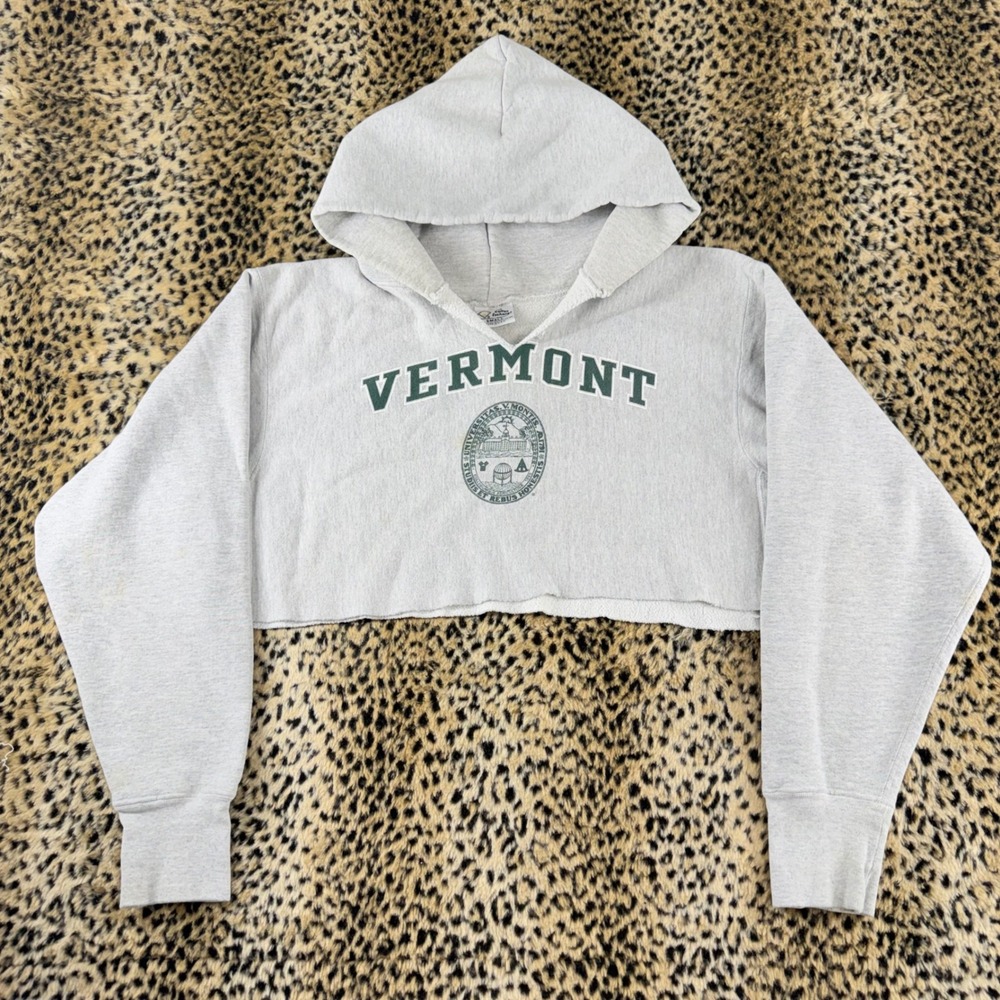 Vintage 90s The Cotton Exchange Vermont Hoodie Gray Cropped Pullover Small USA